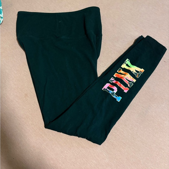 PINK Victoria's Secret Pants - PINK Victoria's Secret Black Leggings with Multicolor Logo